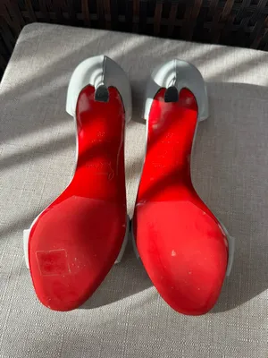 Christian Louboutin Light Grey Leather Open-Toe Stiletto Heels with Red Sole thumbnail 6