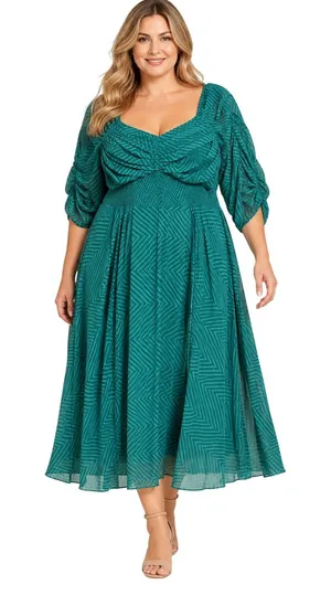 ASOS DESIGN Curve Midi Dress Womens 22 Green Excellent Ruched Chevron Smocked thumbnail 1