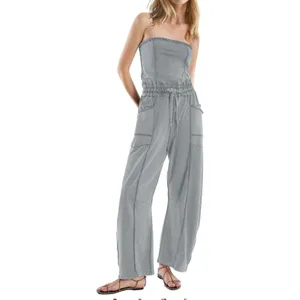 LAMISSCHE Romper‎ Gray Strapless Wide Leg Jumpsuit Casual Sleeveless Pockets thumbnail 2