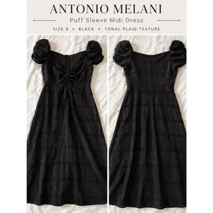 Antonio Melani Black Tonal Plaid Puff Sleeve Ruched Midi Dress Size 8 thumbnail 2