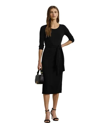 NWT Lauren Ralph Lauren Tie Front Cotton Blend Crewneck Dress Black thumbnail 2