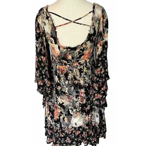 Free People Mini Dress Sz XS Heart Of Gold Dark Floral Boho Bell Sleeve Fairy thumbnail 11