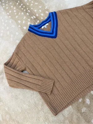Madewell Tipped V-Neck Oversized Wool Blend Sweater XS Heather Caramel Blue thumbnail 6