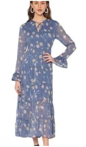Patrons of Peace Dusty Blue Floral Tie-Front Maxi Dress thumbnail 1