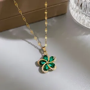 18K Gold Plated Green Crystal Flower Pendant Necklace for Women,Flower Necklace thumbnail 1