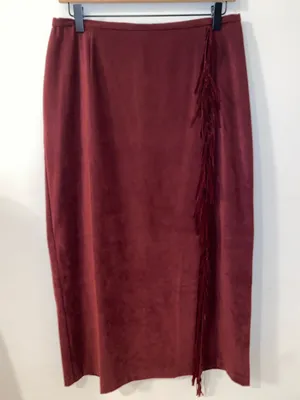 Norton McNaughton Western Burgundy Fringe-Trim Maxi Skirt Faux Suede Size 10 thumbnail 2