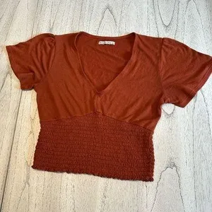Abercrombie Burnt Orange Crop Smock V Neck Top thumbnail 1