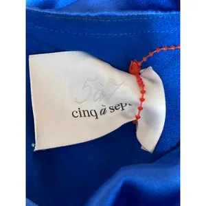 Cinq a Sept Blue Silk Satin Fringe Sleeveless Slit Cami Blouson Midi Dress Sz M thumbnail 5