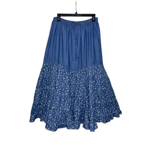 NWT EASEL Women’s Boho Blue Chambray Floral Print Tiered Maxi Skirt thumbnail 2