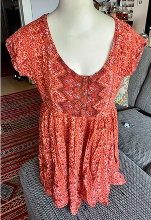 Free People Orange/Red Boho Mini Dress, Sz XS thumbnail 1
