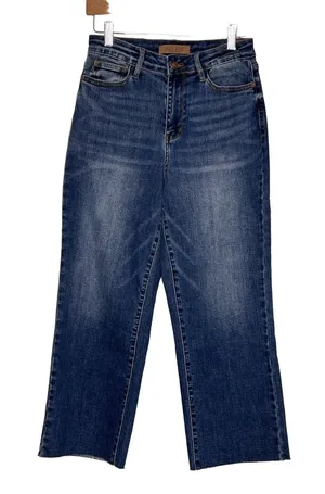 Judy Blue Wide Leg Crop Raw Hem Jeans Dark Blue High Rise Stretch Size 3/26 thumbnail 1