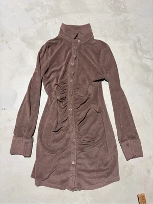 Beige botany Brown Button-Front Ruched Terry cloth Dress medium thumbnail 2