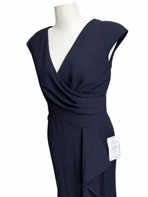 NEW Betsy & Adam V-Neck Cascade Ruffle Evening Dress Gown Dress Sz 4‎ Navy thumbnail 2