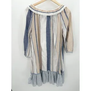 Mystree Womens Dress Khaki Blue Striped Boho Cottagecore Cotton Peasant Size S‎ thumbnail 2