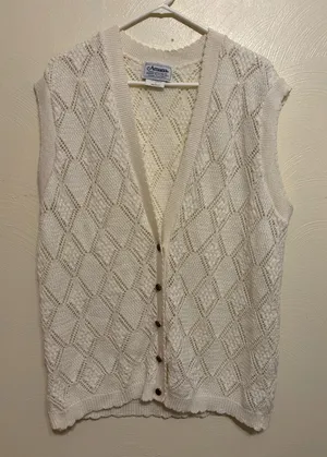 🧶 Vintage Amana Woolen Mill White Knit Button Front Sweater Vest | Size L thumbnail 1