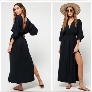 NWT L*Space Sungazer Dress Black Beach Cover Up Deep V Neck Size Small thumbnail 3