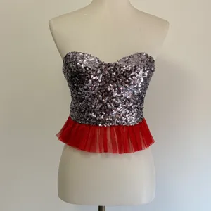 Wet Seal Sequin Strapless Peplum Corset Top Medium Silver Red Y2K Part Festival thumbnail 2
