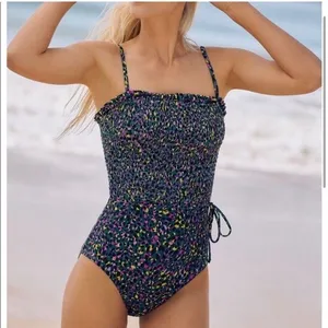 Anthropologie Evie‎ Smocked One Piece Swimsuit XL Multicolor Animal Print Ruffle thumbnail 1