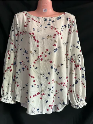 Ann Taylor White Floral Bell-Sleeve Blouse Red, Navy & Tan Print LG thumbnail 8