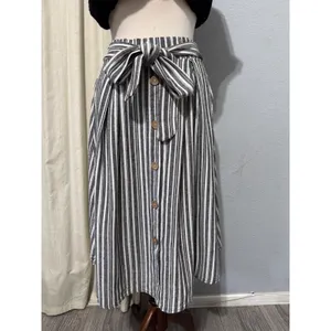 See You Monday Linen Blend Striped Midi Skirt‎ Size L Black White Nautical Cottagecore Modest thumbnail 9