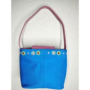 Ralph Shoulder Bag Womens Small Blue Canvas Pink Leather Floral Embroidery thumbnail 4