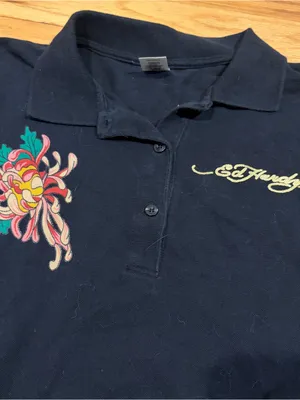 Ed Hardy Women’s M Medium Black Button Polo Long Sleeve Rhinestone Angel Shirt thumbnail 3