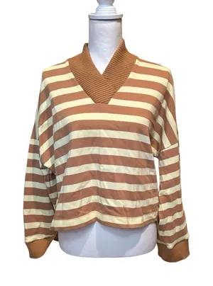 Maeve Anthropologie Cotton Boxy Oversize V-Neck Top‎ Sz S Stripe Butter Yellow thumbnail 1