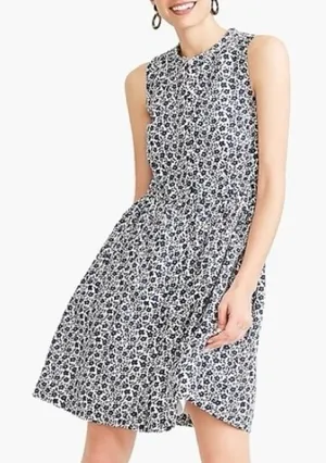 J. Crew Factory Blue And White Floral Button Front Linen Blend Dress thumbnail 1