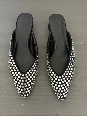 ZARA Black Studded Mules Size 37 Pointed Toe Kitten Heel Slip On Flats Chic thumbnail 12
