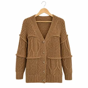 Leela & Lavender Oversized Tan Boyfriend Grandpa Cable Knit Cardigan Sweater L thumbnail 2