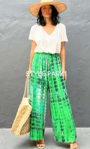Style Park 1 Green Blue Tie‎ Dye Wide Leg Resort Pants Palazzo Bohemian thumbnail 1
