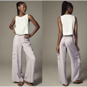 By Anthropologie Palazzo Utility Pants Cargo Wide Leg Lilac Purple Pull On Sz 10 thumbnail 2