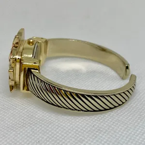 Vintage Gold Tone Enamel Poinsettia hidden face Cuff Style Watch 22mm running thumbnail 3