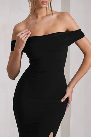 Club L London Law of Attraction Black Bardot Draped Split Maxi Dress thumbnail 2