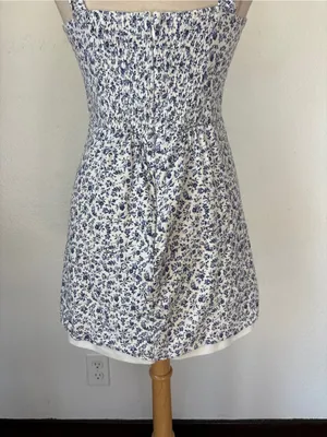 Blue & White Floral Summer Linen Blend. Mini Dress thumbnail 3