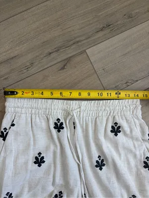 Zara Off White Black Linen Blend Geometric Boho French Countryside Casual Pants thumbnail 8
