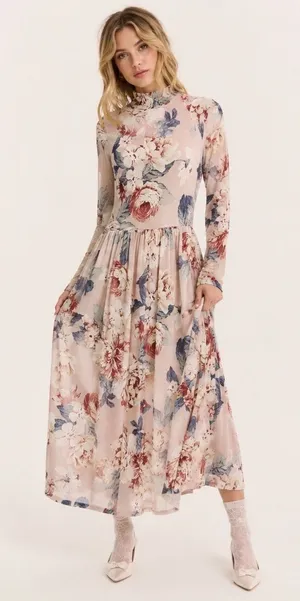 Kate and Lily Floral Mock-Neck Long Sleeve Maxi Dress Blush Pink Size 10 thumbnail 1