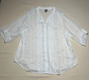 Chicos Sheer Embroidered White 3/4 Sleeve Button Front Pintuck Detail Sz 3 or XL thumbnail 1