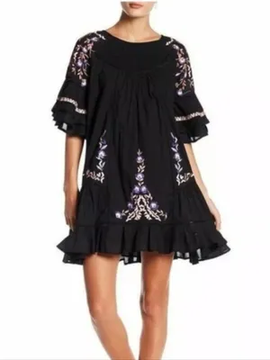 Free People Black Pavlo Embroidered Cottagecore Boho Mini Babydoll Dress thumbnail 4