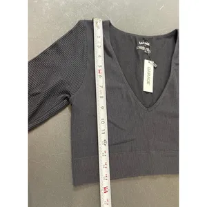 Garage Black Ribbed L Cropped Top Seamless Deep V-Neck Long Sleeve Y2K Look NWT thumbnail 6