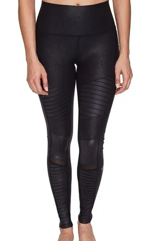 Alo Yoga High Waist Moto Leggings Black Glossy Womens Small Moto Mesh Athleisure thumbnail 1