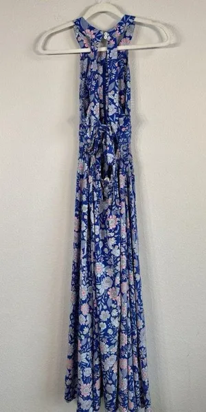 Abel the Label Blue Bell Cottage Floral Maxi Halter Backless Tie Back Dress Sz M thumbnail 15