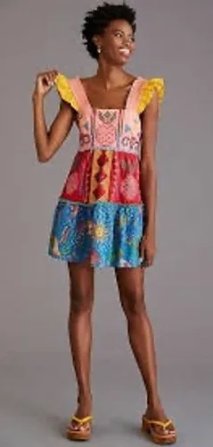 Farm Rio colorblocked mini‎ dress embroidery embellishment women's size large thumbnail 1