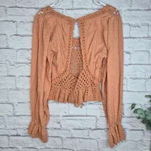 Free People Megan Crochet Peplum Blouse Open Back Boho Top Terracotta Gauze S thumbnail 8