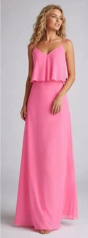 Azazie Desiree Flamingo Pink Bridesmaid Maxi Dress 4 NWT thumbnail 1