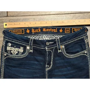 Rock Revival Janelle Bootcut‎ Jeans Dark Wash Low Rise Flap Pockets Bling SZ 28 thumbnail 6