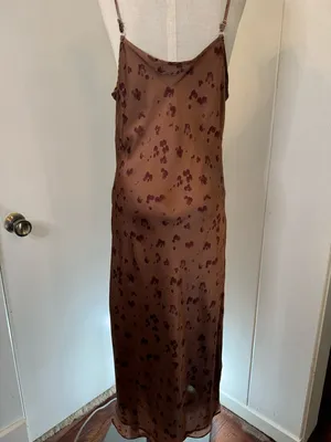 Dress Forum Brown Printed Satin Slip Dress adjustable straps Sz S thumbnail 2