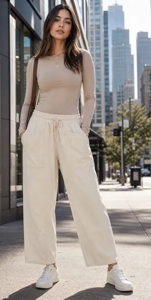 Zara Wide Leg Drawstring Pants - Cream thumbnail 1