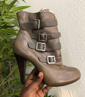 Green Military Style Cadet Ankle Boot Booties Buckles Leather White Faux Fur Lining thumbnail 1