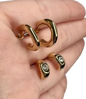 Shiny Gold Tone Huggie Hoops Rhinestone Pierced Earrings Set thumbnail 1